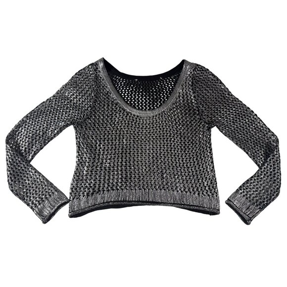 Vintage Rampage Metallic Silver Black Open Knit Sweater Y2K Shimmer Goth SM Crop - Picture 1 of 13